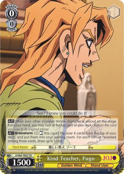 A trading card from the Trial Deck featuring an animated character from "JoJo's Bizarre Adventure: Golden Wind." The character has blonde hair with a distinctive wave pattern and an expressive face. The card includes various stats and abilities, and the bottom text reads "Kind Teacher, Fugo (JJ/S66-TE02 TD) [JoJo's Bizarre Adventure: Golden Wind]" with a power rating of 1500. This collectible is part of Bushiroad's product lineup.