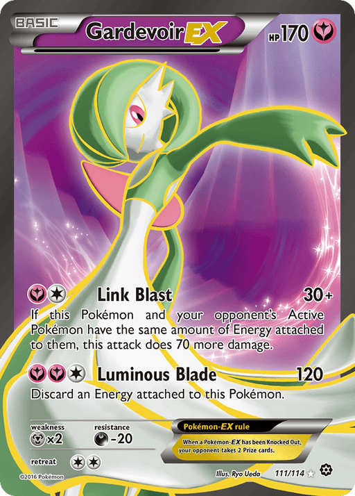 A Pokémon card of **Gardevoir EX (111/114) [XY: Steam Siege]** from the Steam Siege series. The card is primarily magenta-colored with a white and green Gardevoir featured in the center. This Fairy Type Gardevoir has 170 HP. The depicted attacks are "Link Blast" and "Luminous Blade." The bottom of this Ultra Rare card has retreat information and the illustrator's name, Ryo Ueda.
