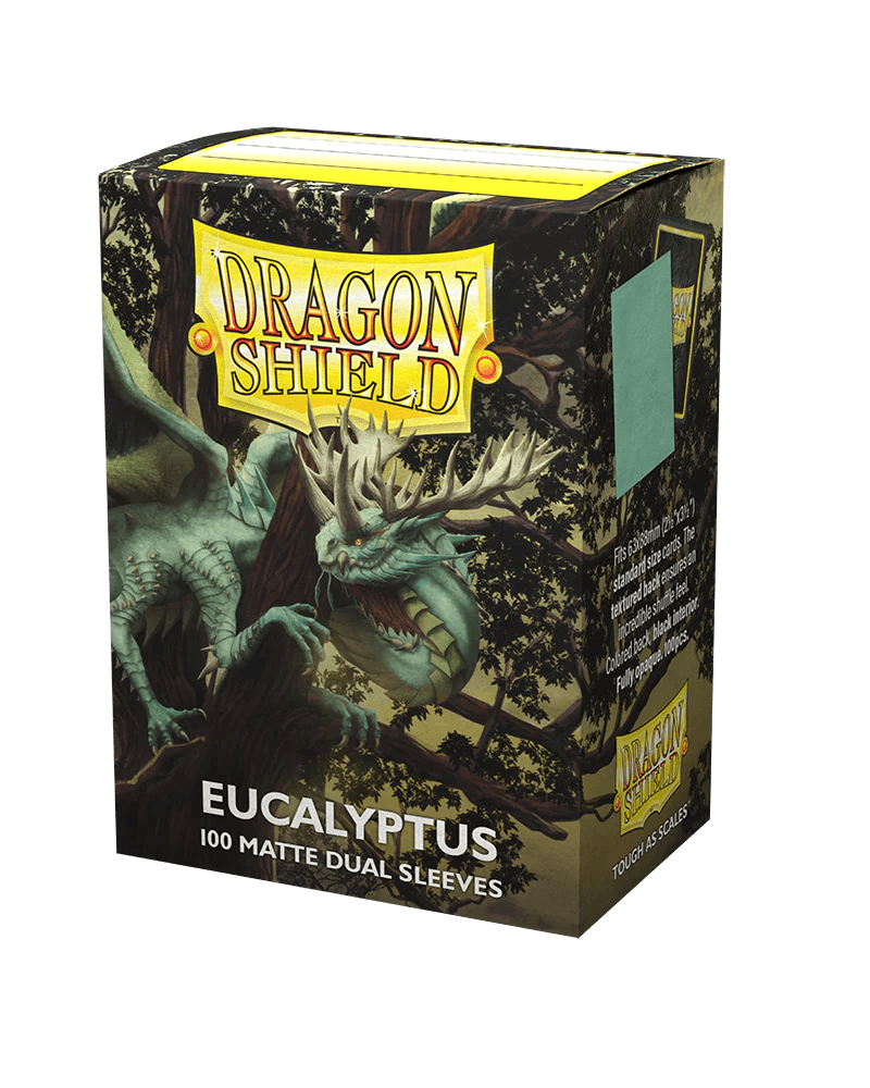 Dragon Shield: Standard 100ct Sleeves - Eucalyptus (Dual Matte) by Arcane Tinmen feature a green dragon in a forest, sleek design with glossy back, small image showing both sides. The predominantly green and yellow packaging carries an enchanting fantasy theme.