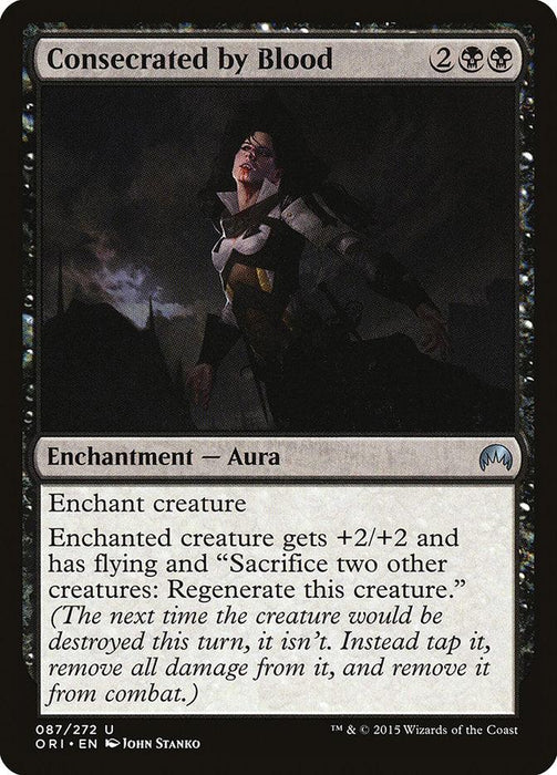 A card with a woman in a garment, imbued with the mystical power of Magic: The Gathering, stands out as Consecrated by Blood [Magic Origins] that can regenerate this creature.
