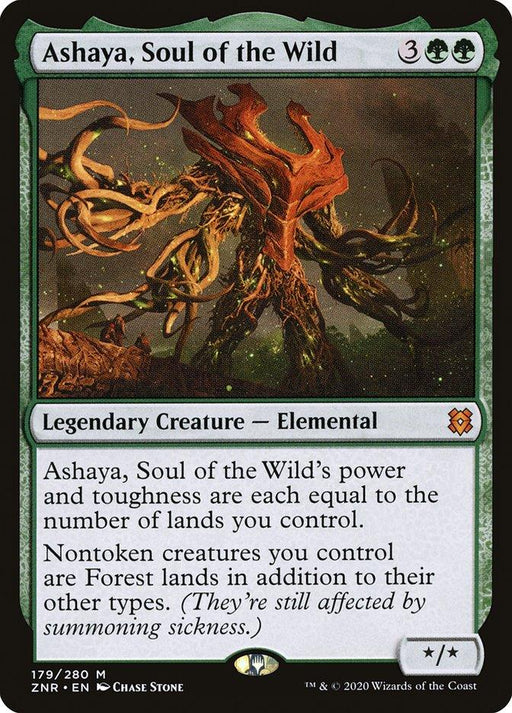 A Magic: The Gathering card titled "Ashaya, Soul of the Wild [Zendikar Rising]" from Magic: The Gathering, with a mana cost of 3 colorless and 2 green. The card features intricate artwork of a colossal, tree-like Elemental. Text reads: "Ashaya's power and toughness are each equal to the number of lands you control. Nontoken creatures you control are Forest lands in