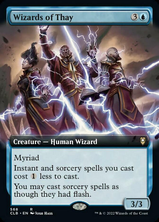 The image showcases a Magic: The Gathering card titled "Wizards of Thay (Extended Art) [Commander Legends: Battle for Baldur's Gate]" from Magic: The Gathering. Featuring three human wizards casting lightning spells, this rare card costs 3 colorless and 1 blue mana. It boasts Myriad, reduces instant and sorcery spell costs, and allows sorceries to be cast as though they had flash. Illustrated by Josh