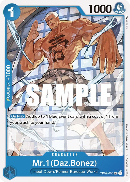 A character card features Mr. 1 (Daz Bonez) from "One Piece" during the Paramount War. He stands shirtless, flexing with a stern expression, and has metal blades extending from his limbs. The card displays "SAMPLE" text and includes game stats: cost 1, power 1000, and special abilities for playing a blue Event card from the trash. This product is called Mr.1 (Daz.Bonez) [Paramount War] by Bandai.