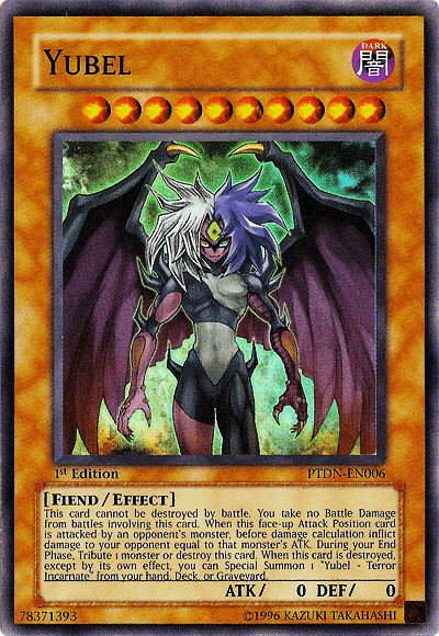 The image is of a Yu-Gi-Oh! Yubel [PTDN-EN006] Super Rare trading card featuring Yubel - Terror Incarnate. The illustration portrays Yubel, an Effect Monster with two-tone hair (white and purple), wings, and dragon-like features, exuding a dark, ominous aura with menacing eyes. The card specifics include ATK/0 DEF/0.