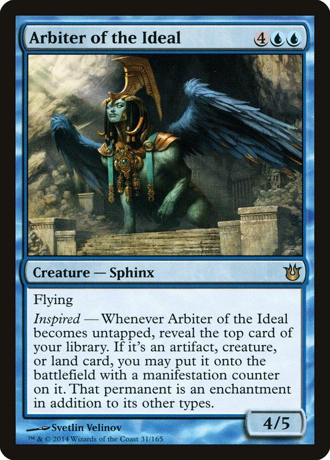 The Arbiter of the Ideal from Magic: The Gathering's Born of the Gods set features a majestic Sphinx with a golden headdress against a dark sky. This 4/5 creature costs 4 colorless and 2 blue mana, has flying, and an 