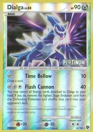 A Pokémon trading card for Dialga (16/106) [Burger King Promos: 2009 Collection] from the 2009 collection by Pokémon. Dialga is shown in a dynamic pose with glowing blue and purple lights. The card, part of the Platinum series, has a holographic effect and metal sheen. It features 90 HP, level 68, and Time Bellow and Flash Cannon attacks. Weakness: Fire; Resistance: Psychic; Retreat Cost: two colorless energy.
