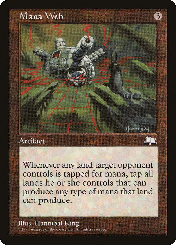 The image is a Magic: The Gathering card titled "Mana Web [Weatherlight]." It features an illustration of a rare mechanical spider-like artifact with glowing red wires. In the background, stone structures stand on a green landscape. The card's text describes its effect on opponents' lands.