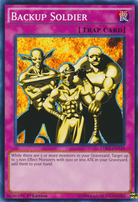 A Yu-Gi-Oh! collectible trading card titled "Backup Soldier [LDK2-ENY39] Common," depicting three muscular warriors standing confidently. This Normal Trap allows you to target up to 3 non-Effect Monsters with 1500 or less ATK in your Graveyard and add them to your hand, provided there are 5 or more monsters in your Graveyard.