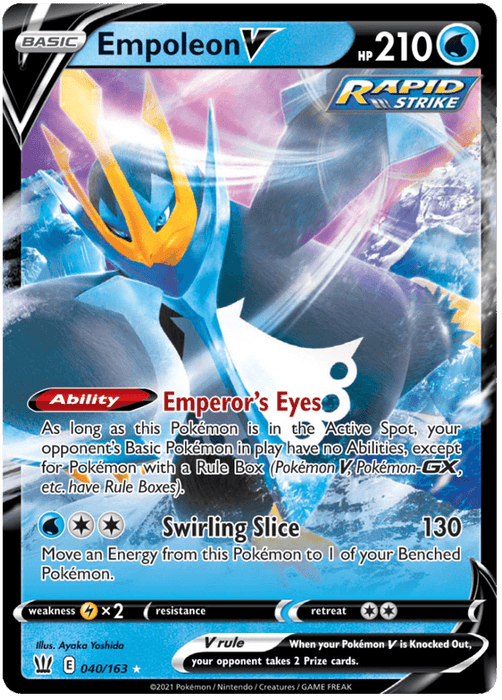 A Pokémon Empoleon V (040/163) [Sword & Shield: Battle Styles] card featuring Empoleon V. The Ultra Rare card has 210 HP and is labeled "Rapid Strike." It features Empoleon, a blue and white penguin-like Water Type creature with yellow accents, standing confidently with water elements around it. From the Sword & Shield: Battle Styles set, it includes abilities "Emperor's Eyes" and attack "Swirling Slice" that causes