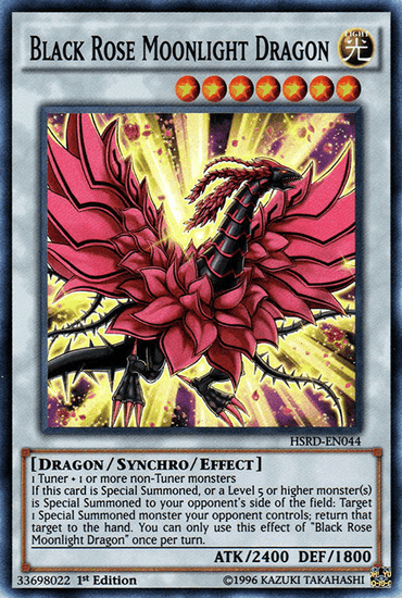 A "Black Rose Moonlight Dragon [HSRD-EN044] Super Rare" Yu-Gi-Oh! trading card. This Super Rare Synchro/Effect Monster has 2400 ATK and 1800 DEF. It features a dragon with red and black wings adorned with rose-like patterns and requires 1 Tuner and 1+ non-Tuner monsters, with special summoning effects.