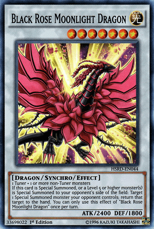 A "Black Rose Moonlight Dragon [HSRD-EN044] Super Rare" Yu-Gi-Oh! trading card. This Super Rare Synchro/Effect Monster has 2400 ATK and 1800 DEF. It features a dragon with red and black wings adorned with rose-like patterns and requires 1 Tuner and 1+ non-Tuner monsters, with special summoning effects.
