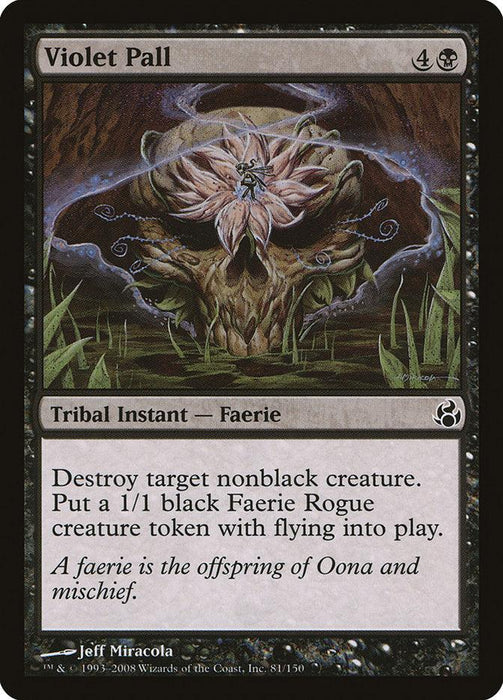 A Magic: The Gathering product named Violet Pall [Morningtide]. It has a mana cost of 4 and one black. The card type is "Tribal Instant — Faerie." Its effect is "Destroy target nonblack creature. Put a 1/1 black Faerie Rogue creature token with flying into play," illustrated by Jeff Miracola.