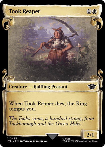 The Magic: The Gathering card "Took Reaper" from "The Lord of the Rings: Tales of Middle-Earth Showcase Scrolls" features a halfling peasant in rustic clothing with flowers in her hair, holding a scythe against rolling hills and a vibrant sky, with game-related text and lore featured on the card.