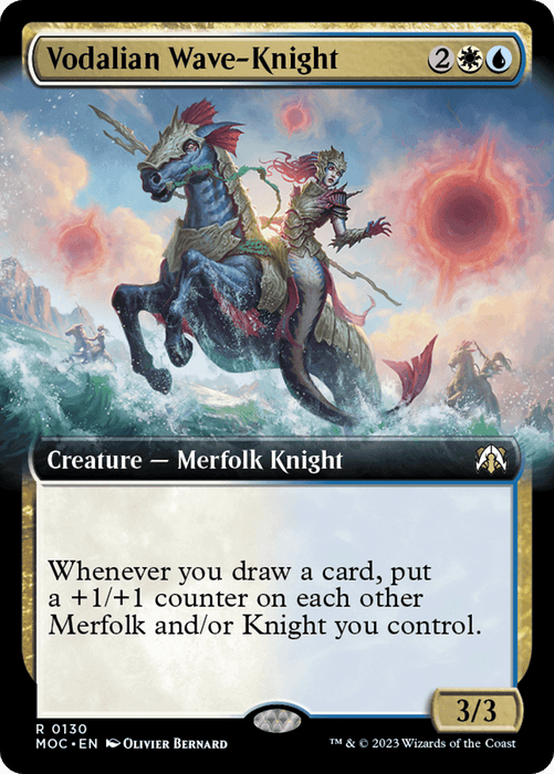 A "Vodalian Wave-Knight (Extended Art) [March of the Machine Commander]" card from Magic: The Gathering, a Rare Creature, depicts a Merfolk Knight riding a seahorse-like creature with striking artistry. Requiring 2 blue/white hybrid mana and 2 generic mana to cast, the card features abilities in its text box and boasts stats of 3 power and 3 toughness (3/3).