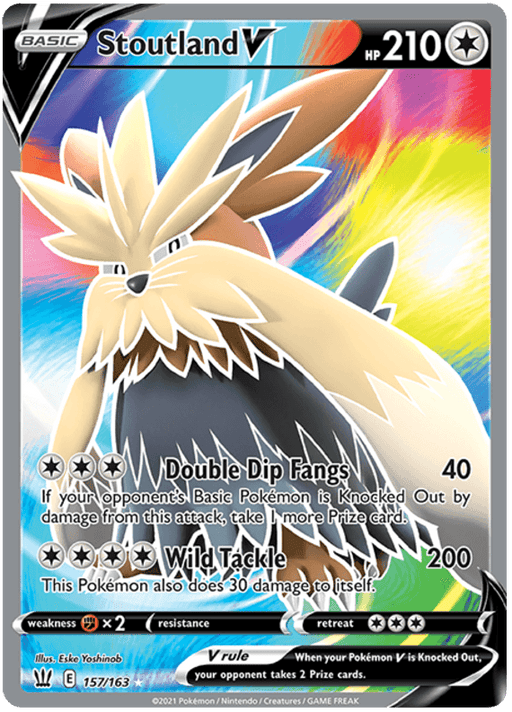 Image of a Pokémon trading card featuring Stoutland V (157/163) [Sword & Shield: Battle Styles], a dog-like Pokémon with a large mustache and fur. The Ultra Rare Sword & Shield card from Battle Styles displays HP 210, and its moves "Double Dip Fangs" and "Wild Tackle." Artist credit to Eske Yoshinob. Symbols for weakness, resistance, and retreat cost are shown.