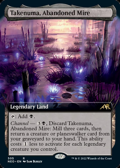 The Magic: The Gathering card "Takenuma, Abandoned Mire (Extended Art)" from Kamigawa: Neon Dynasty showcases eerie swamp artwork. This Rare Legendary Land taps for black mana and features a Channel ability with mill and retrieval effects. Text and design elements evoke a dark and mystical theme.