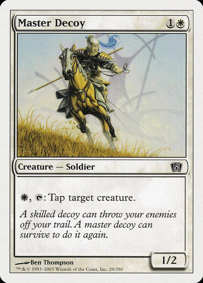 The Magic: The Gathering card "Master Decoy [Eighth Edition]" features a fantasy illustration of a Human Soldier mounted on horseback, brandishing a spear. The soldier is clad in armor, ready to charge forth amidst an expanse of grass and sky. The card text outlines the character's ability to tap target creatures, accompanied by flavor text that speaks to deceiving adversaries. It is classified as a creature with power and toughness rated at 1/2.