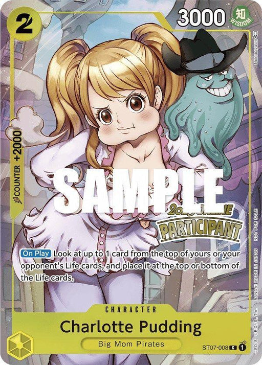 A trading card featuring "Charlotte Pudding (Online Regional 2023) [Participant] [One Piece Promotion Cards]" by Bandai. The character is a young girl with light brown hair in pigtails, wearing a pink dress. To her right is a green ghostly figure donning a cowboy hat. The card boasts various stats, text, and has "SAMPLE" across it.