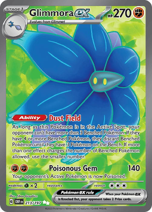 A Glimmora ex (213/197) [Scarlet & Violet: Obsidian Flames] Pokémon card features a blue and purple flower-like creature with large petals and glowing outlines. The card has 270 HP, a Dust Field ability, and a Poisonous Gem attack. Set against a green patterned background, it follows the Pokémon ex rule for two Prize cards when knocked out.