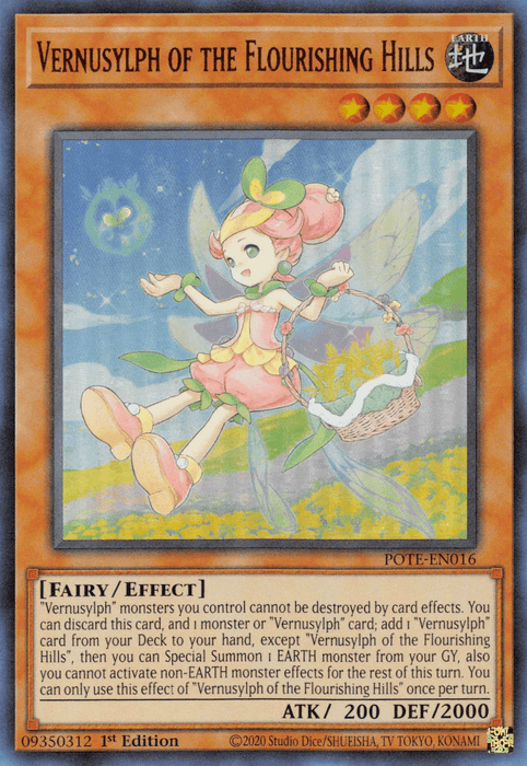 An Ultra Rare Yu-Gi-Oh! trading card titled "Vernusylph of the Flourishing Hills [POTE-EN016] Ultra Rare." This Effect Monster depicts a fairy-like creature with pink hair, wings, and a green dress, floating among trees and glowing lights. It has 200 ATK and 2000 DEF, is an Earth attribute monster, and belongs to the "Fairy/Effect" type.