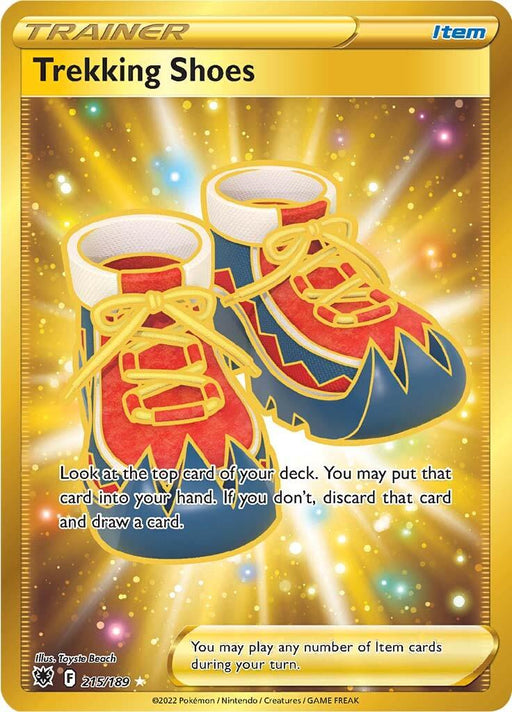A Pokémon trading card named "Trekking Shoes (215/189) [Sword & Shield: Astral Radiance]" from the Pokémon set, depicting a pair of brightly colored shoes with red, blue, and yellow accents. The golden background has a sparkly effect. The Secret Rare card details its in-game effect, allowing players to look at and draw cards during their turn.