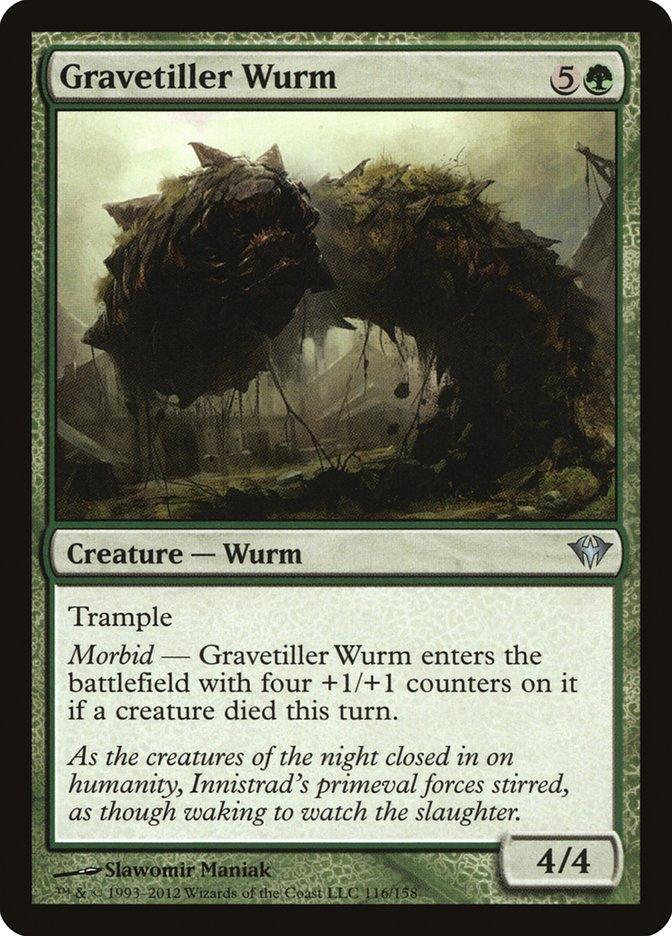 In the eerie world of Innistrad, the Gravetiller Wurm from Magic: The Gathering's Dark Ascension set rises from the shadows. Requiring 5 green and 1 generic mana, this large tusked wurm features 