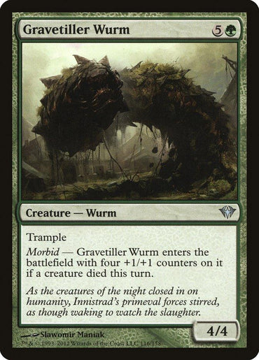 In the eerie world of Innistrad, the Gravetiller Wurm from Magic: The Gathering's Dark Ascension set rises from the shadows. Requiring 5 green and 1 generic mana, this large tusked wurm features "Trample" and "Morbid" abilities. With a power and toughness of 4/4, it encapsulates the foreboding spirit of Dark Ascension.