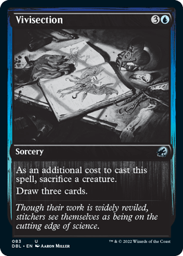 The image is a Magic: The Gathering card named "Vivisection [Innistrad: Double Feature]," featured in Innistrad: Double Feature. It is a sorcery spell with a casting cost of 3 generic mana and 1 blue mana. The card’s artwork depicts tools, a dismembered creature on an operating table, and notes in a journal. The card's ability allows you to draw three cards when you