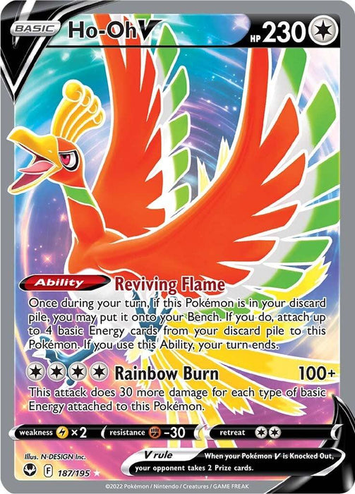 A Pokémon trading card featuring Ho-Oh V (187/195) [Sword & Shield: Silver Tempest] from the Pokémon series. The card showcases an illustration of the fiery bird Pokémon with vibrant, colorful wings spread wide, surrounded by rainbow flames. This Ultra Rare card has 230 HP and two abilities: "Reviving Flame" and "Rainbow Burn." It's numbered 187/195.