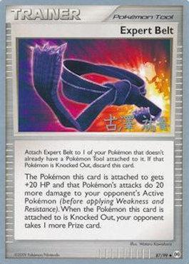 A Pokémon Tool trading card labeled "Trainer - Expert Belt (87/99) (Power Cottonweed - Yuka Furusawa) [World Championships 2010]." This uncommon card features an illustration of a black belt with an electric blue aura. The text details its effects: +20 HP and +20 damage for the attached Pokémon, with a penalty of giving the opponent one more Prize card if the Pokémon is knocked out.