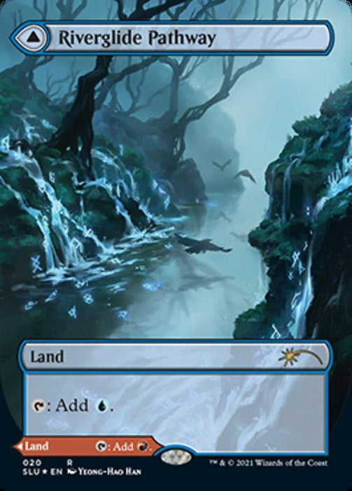 An image of the Magic: The Gathering card "Riverglide Pathway // Lavaglide Pathway (Borderless) [Secret Lair: Ultimate Edition]." The card features a misty, ethereal landscape with a river flowing between lush, rocky cliffs. Several waterfalls cascade down the cliffs into the river below. This rare land card exudes an air of mystery with its blue mana.