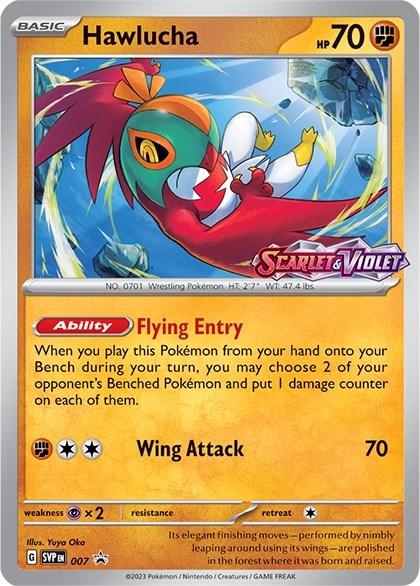 A Pokémon Hawlucha (007) [Scarlet & Violet: Black Star Promos] trading card. The card showcases the Fighting-type Pokémon leaping with outstretched wings and a glowing feather in its feet. It's a yellow-bordered promo card with 70 HP, featuring the abilities "Flying Entry" and "Wing Attack.