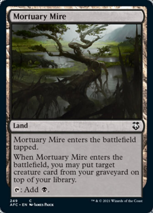 The image is a Magic: The Gathering card titled "Mortuary Mire [Dungeons & Dragons: Adventures in the Forgotten Realms Commander]." It depicts a gloomy swamp with gnarled trees and murky water, reminiscent of the Forgotten Realms. The card text indicates that it enters the battlefield tapped and allows the player to put a creature card from their graveyard on top of their library.