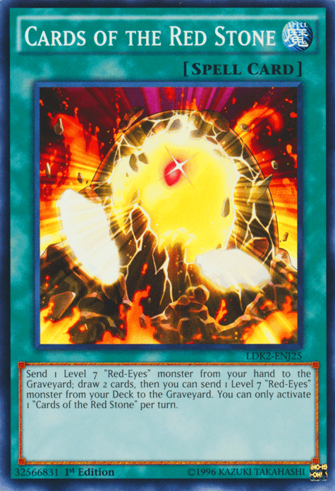 The image is of a Yu-Gi-Oh! trading card titled "Cards of the Red Stone [LDK2-ENJ25] Common" from Legendary Decks II. It is a Spell Card featuring a bright, fiery explosion with red, yellow, and white hues. A red gem at the center is shattering. The card text describes its effects related to "Red-Eyes" monsters.