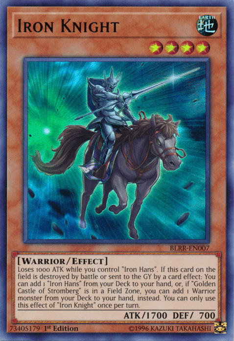 A Yu-Gi-Oh! trading card titled "Iron Knight [BLRR-EN007] Ultra Rare" depicts a knight in silver armor riding a brown horse amidst a glowing blue and green background. The card's attribute is Earth, and it has 4 stars. As an Effect Monster with 1700 ATK and 700 DEF, its effect text is detailed at the bottom, linking it to the Golden Castle of Stromberg.