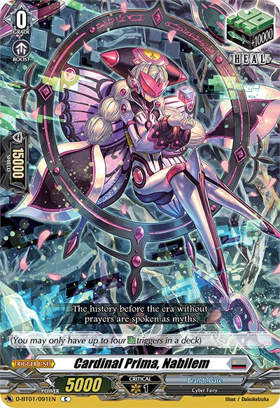 A vibrant trading card from Bushiroad, featuring Cardinal Prima, Nabilem (D-BT01/091EN) [Genesis of the Five Greats], showcases a character with sleek, futuristic armor and luminescent wings. They stand poised with a staff against a cosmic backdrop. Details include "Grade 0," "Heal Trigger," "Power: 5000," and "Critical: 1." The text at the bottom reads, "The history before the era without prayers are spoken as myths.