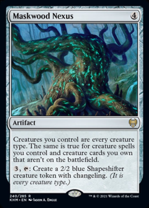 The image depicts a Magic: The Gathering card named "Maskwood Nexus [Kaldheim]." It shows an ancient, mystical tree in a forest with bluish and greenish hues. This artifact from Kaldheim makes all creatures every creature type and can create blue Shapeshifter creature tokens with changeling.