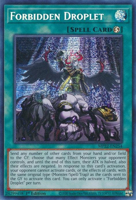 A Yu-Gi-Oh! product titled "Forbidden Droplet [MP22-EN254] Prismatic Secret Rare" from the 2022 Tin of the Pharaoh's Gods. The card features intricate artwork of a winged character with silver hair, dark clothing, and glowing red eyes. They stand with arms outstretched against a stormy background. The text below describes the card's effect and usage conditions.