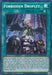 A Yu-Gi-Oh! product titled "Forbidden Droplet [MP22-EN254] Prismatic Secret Rare" from the 2022 Tin of the Pharaoh's Gods. The card features intricate artwork of a winged character with silver hair, dark clothing, and glowing red eyes. They stand with arms outstretched against a stormy background. The text below describes the card's effect and usage conditions.