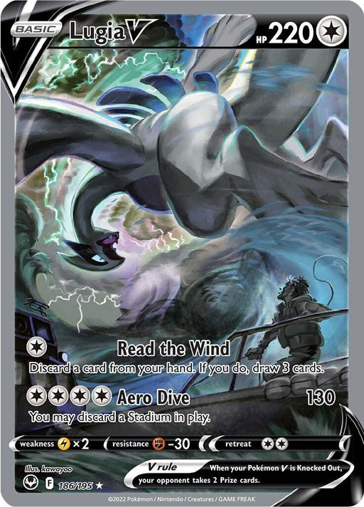 A Pokémon trading card from the Sword & Shield: Silver Tempest set features Lugia V (186/195) [Sword & Shield: Silver Tempest] by Pokémon, with 220 HP. Lugia is depicted soaring through a stormy sky. This Ultra Rare card includes its abilities: "Read the Wind" and "Aero Dive," which deals 130 damage and can discard a Stadium. Lugia has weaknesses to Lightning, resistance to Fighting, and a retreat cost of two.
