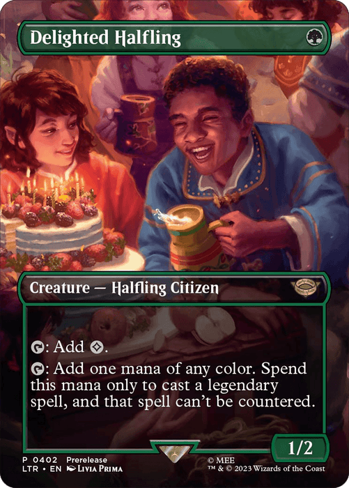 A fantasy trading card features a cheerful scene of a halfling celebration. The central halfling, in a blue outfit, raises a mug while another halfling presents a cake with candles. Text details the card's name, powers, and abilities. The rare card is titled "Delighted Halfling (Borderless Alternate Art) [The Lord of the Rings: Tales of Middle-Earth]" from Magic: The Gathering.