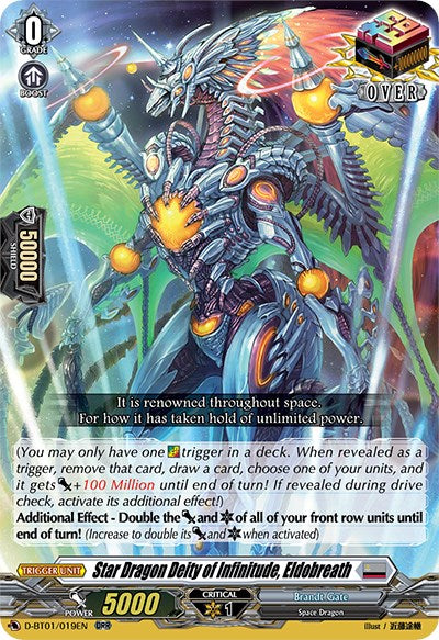 Introducing the "Star Dragon Deity of Infinitude, Eldobreath (D-BT01/019EN) [Genesis of the Five Greats]" trading card by Bushiroad. This Over Double Rare collectible features a powerful robotic Space Dragon adorned in mechanical armor and radiating with energy. With a power rating of 5000 and a critical rating of 1, Eldobreath stands out against a cosmic backdrop highlighted by yellow text boxes detailing its card abilities.