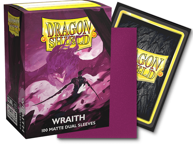 A box of Arcane Tinmen Dragon Shield: Standard 100ct Sleeves - Wraith (Dual Matte) is shown. The box features artwork of a dark purple wraith-like creature with glowing white eyes. A single card sleeve is positioned next to the box, displaying a dark, textured back and a deep purple front, perfect for TCGs.