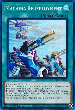 An image of the "Machina Redeployment [SR10-EN023] Super Rare" Normal Spell Card from the Yu-Gi-Oh! trading card game. The artwork features several large, mechanical tanks and structures in shades of blue, set against a backdrop of a futuristic industrial setting. Ideal for boosting your Machina monsters in any Structure Deck!