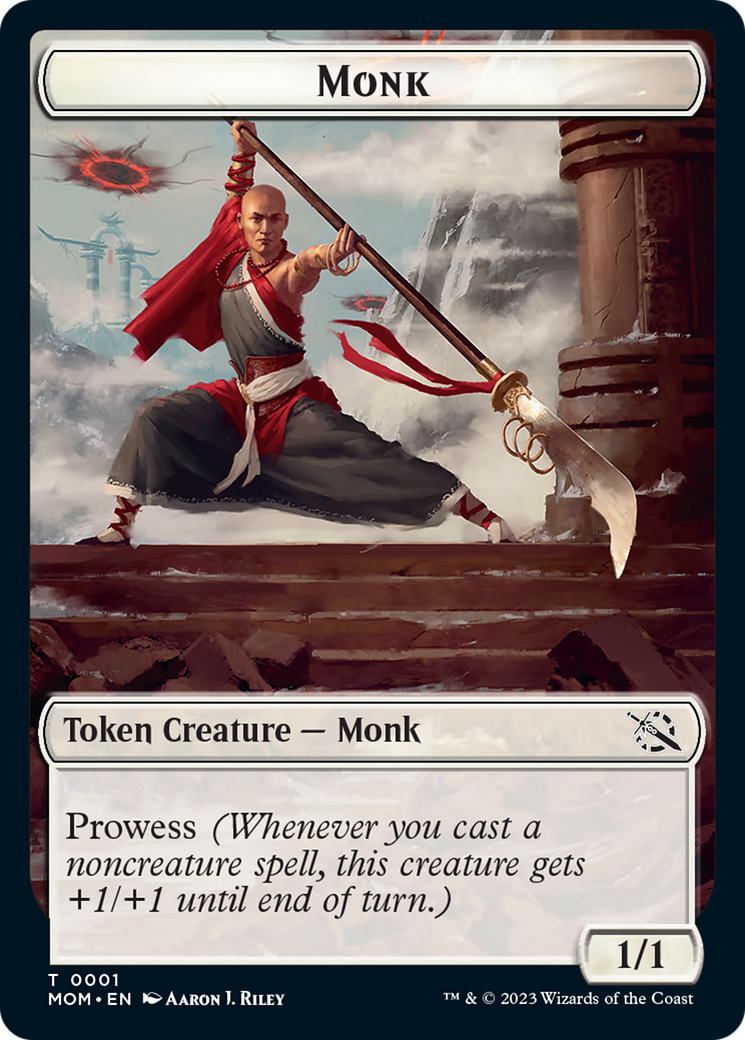 A fantasy-themed card from Magic: The Gathering features a muscular bald monk in a dynamic combat pose, holding a staff and wearing martial arts attire with a red sash. The background depicts a rocky landscape. As part of the March of the Machine Tokens, this 