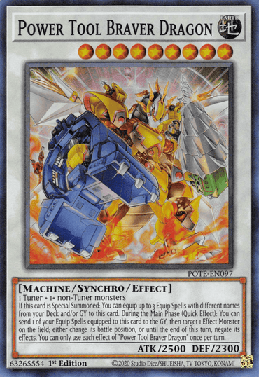 An image of a Yu-Gi-Oh! trading card titled "Power Tool Braver Dragon [POTE-EN097] Super Rare." The Super Rare card features a Synchro/Effect Monster robotic dragon with blue armor and yellow accents, clutching a large drill in its mechanical claw. Text below the image describes its machine, synchro, and effect attributes, with ATK 2500 and DEF 2300.