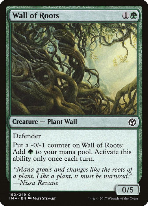 The Magic: The Gathering product "Wall of Roots [Iconic Masters]" costs 1 green and 1 colorless mana to play. This Plant Wall has 0 power and 5 toughness, with Defender and a mana ability. Its illustration depicts a mystical barrier constructed from entwined roots.