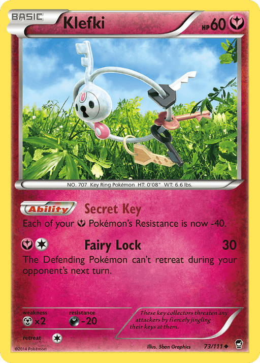 The image shows an Uncommon Pokémon trading card of Klefki (73/111) [XY: Furious Fists] from the Pokémon set. The card is primarily red and pink, with Klefki, a small keyring-like Fairy creature with keys, in a forest setting. Klefki has 60 HP and the abilities "Secret Key" and "Fairy Lock." The card is numbered 73/111 and illustrated by