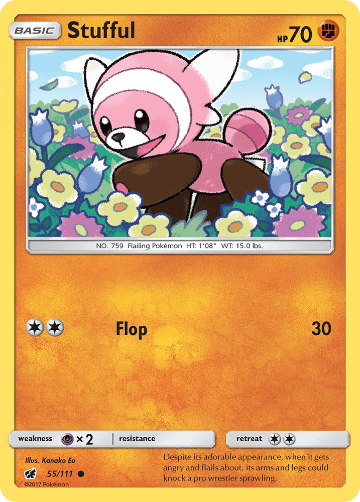 A Stufful (55/111) [Sun & Moon: Crimson Invasion] Pokémon card from the Sun & Moon: Crimson Invasion series features the pink and brown bear with a white face marking frolicking in a colorful flower field. This Fighting type card has an HP of 70, with a move called “Flop” that deals 30 damage, and includes an illustration by Kanako Eo. Rarity: Common.