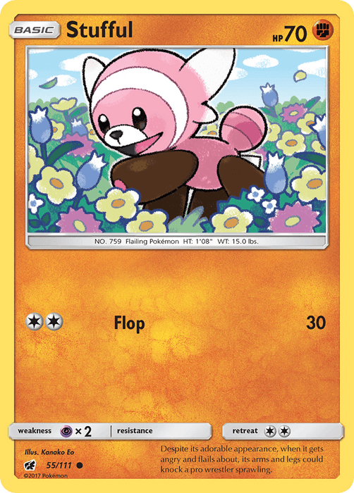 A Stufful (55/111) [Sun & Moon: Crimson Invasion] Pokémon card from the Sun & Moon: Crimson Invasion series features the pink and brown bear with a white face marking frolicking in a colorful flower field. This Fighting type card has an HP of 70, with a move called “Flop” that deals 30 damage, and includes an illustration by Kanako Eo. Rarity: Common.